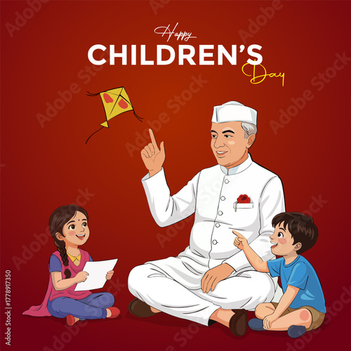 Children’s Day celebration with Pandit Jawaharlal Nehru and kids on red background