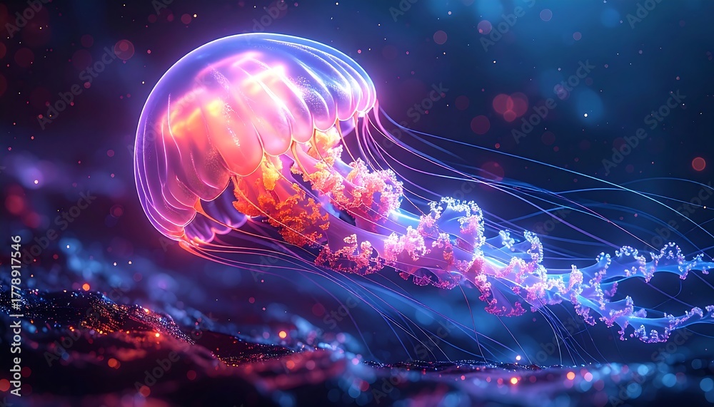 Naklejka premium Luminescent jellyfish, swimming in a glowing, starry ocean