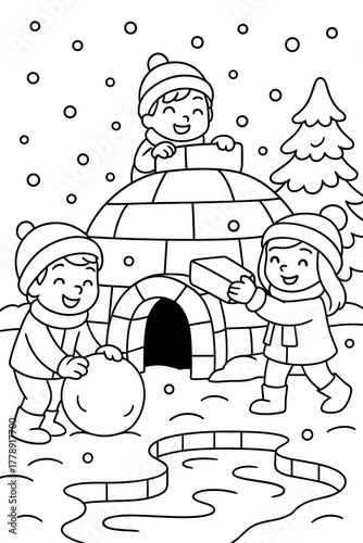 Children building a snow fort and playing outside in winter for coloring   