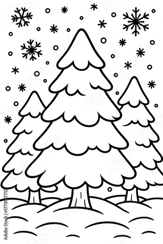 Snow-covered trees with snowflakes creating a children's coloring concept  