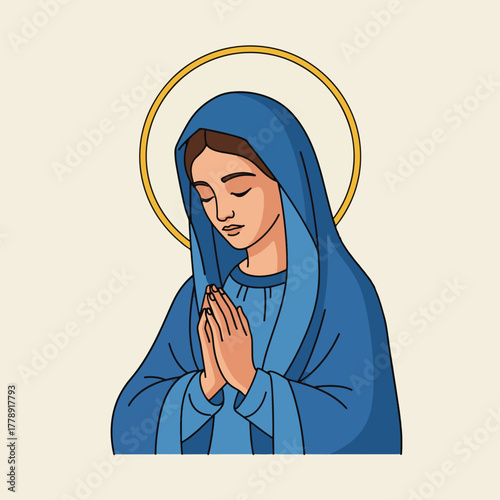 A serene illustration of the Virgin Mary with her hands clasped in prayer and a golden halo above her head.
