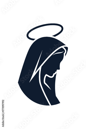 Silhouette of a woman with a halo, representing a religious figure, in a simple, elegant design.