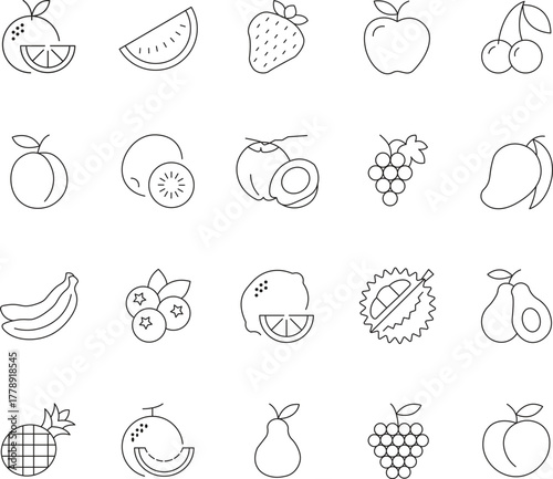 Collection of fresh fruit and berry line icons with editable stroke for healthy food and beverage design