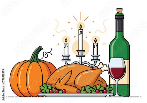 A delightful thanksgiving dinner scene featuring a roasted turkey, pumpkin, wine bottle, wine glass, and candelabra