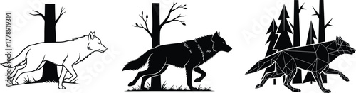 Wild wolf walking silhouette illustration in forest nature landscape, geometric wildlife predator design, animal vector art isolated style