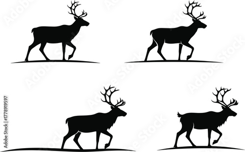 Wild deer silhouettes walking on grass field reindeer stag antlers wildlife animal herd nature forest vector illustration design