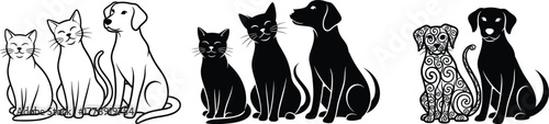 Cute cat and dog silhouettes pet animal vector illustration set with decorative design sitting kittens and puppies friendship concept