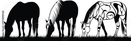 Grazing horse silhouettes and artistic decorative horse vector illustration set of farm animals eating grass in countryside nature scene