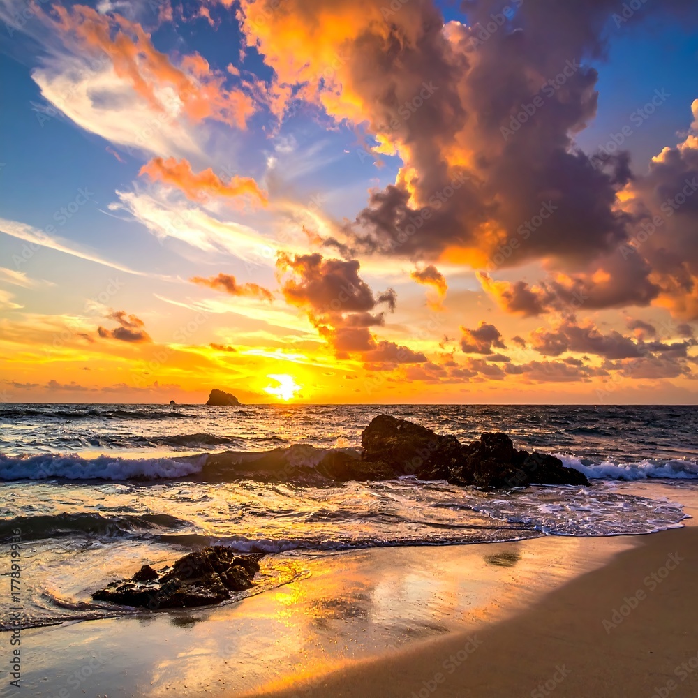 Obraz premium Ocean beach scene at sunset, with golden hues in the sky
