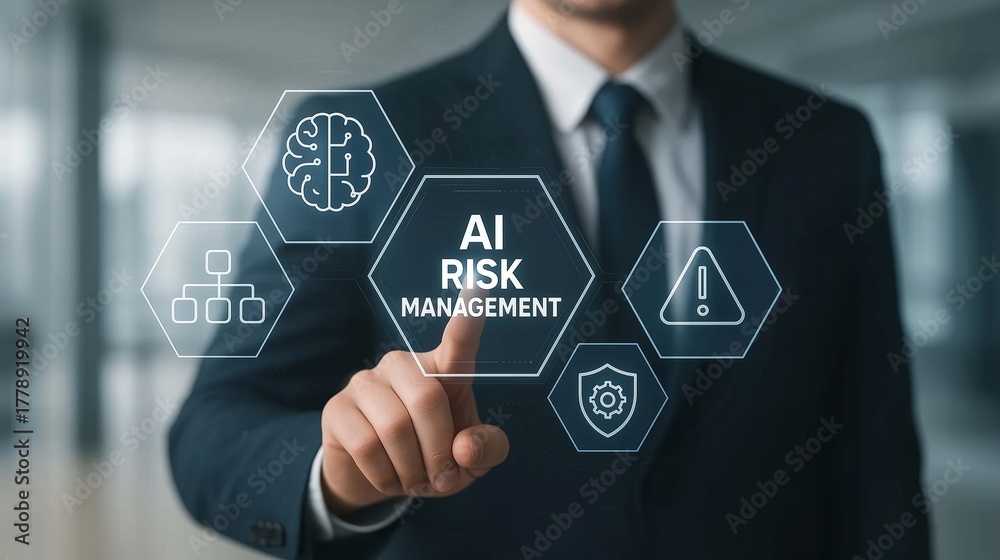 Obraz premium AI risk management businessman touching digital interface with artificial intelligence brain icons showing technology security warning and corporate strategy framework