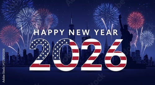 Happy new year 2026 with fireworks and american flag over new york city