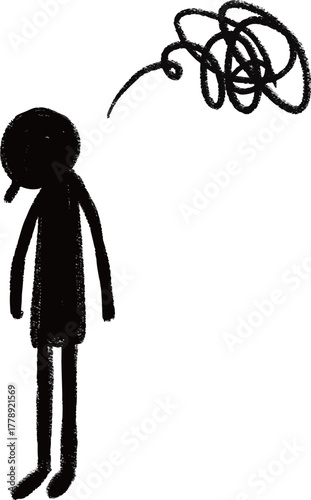 手描きペイントの人物シルエットアイコン、うつむいて立って困っているポーズ　Adobe Illustrator Artwork