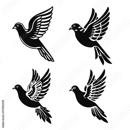 Flying bird silhouettes, dove vector icons, peaceful pigeon artwork, black white bird illustration, decorative avian design