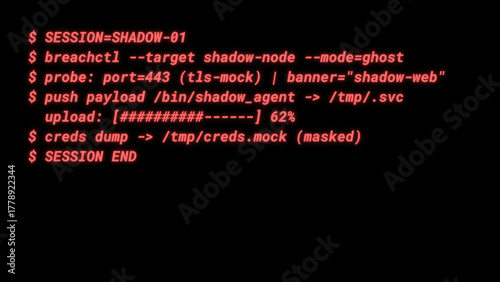Mockup Hacker Terminal Screen with Cyber Attack Simulation terminal command. - Red neon text