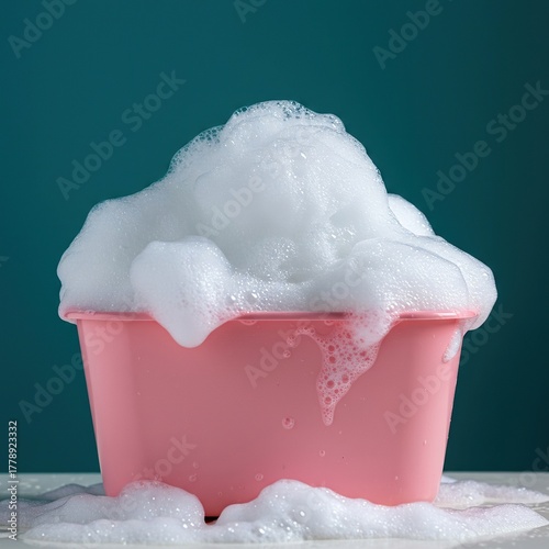 A joyful bathtime scene with abundant white shampoo bubbles overflowing from a small tub, capturing clean hygiene and relaxation ,hygiene ,cleansing ,lather