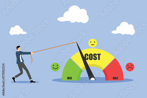 The idea of ​​cost saving, the concept of cost reduction to generate more profit, cost reduction or expense reduction, smart businessmen try to pull the needle symbol to the minimum position.