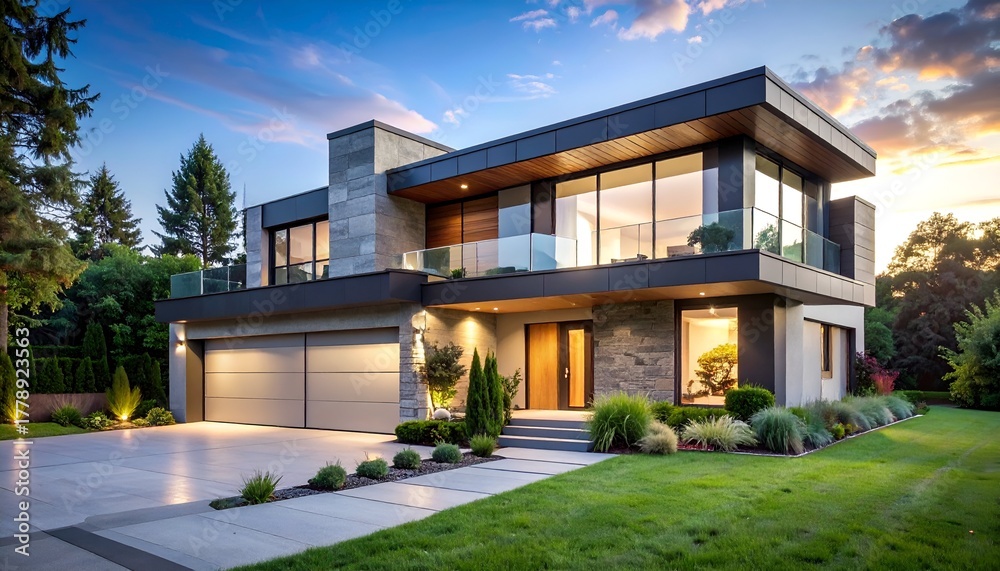 Fototapeta premium Modern architectural design of a stylish home with landscaped garden under a sunset sky