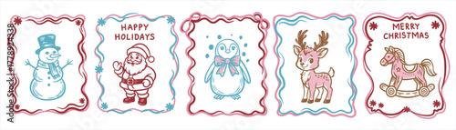 Set of cozy hand-drawn Christmas illustrations — festive cake, gift box, gingerbread man, gingerbread house, and hot cocoa. Perfect for holiday cards, decor, and seasonal design