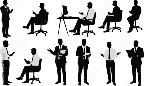 Businessman silhouette, office scene, seated posture, standing gesture, document holding, computer work, corporate attire, teamwork, professional interaction, workplace activity