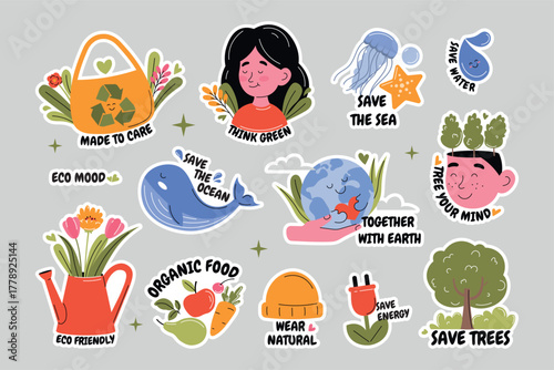 Set of cartoon eco stickers. Ecology, organic products, Zero waste, recycle, save Earth, less plastic concepts. Vector collection.
