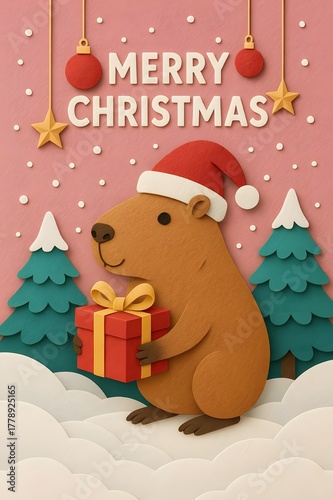 A cute capybara wearing a Santa hat surrounded by Christmas trees and presents