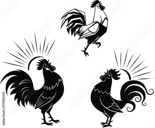 Stylized rooster vector illustration set showing different crowing poses with sunrise elements, perfect for farm, agriculture, and morning concept designs