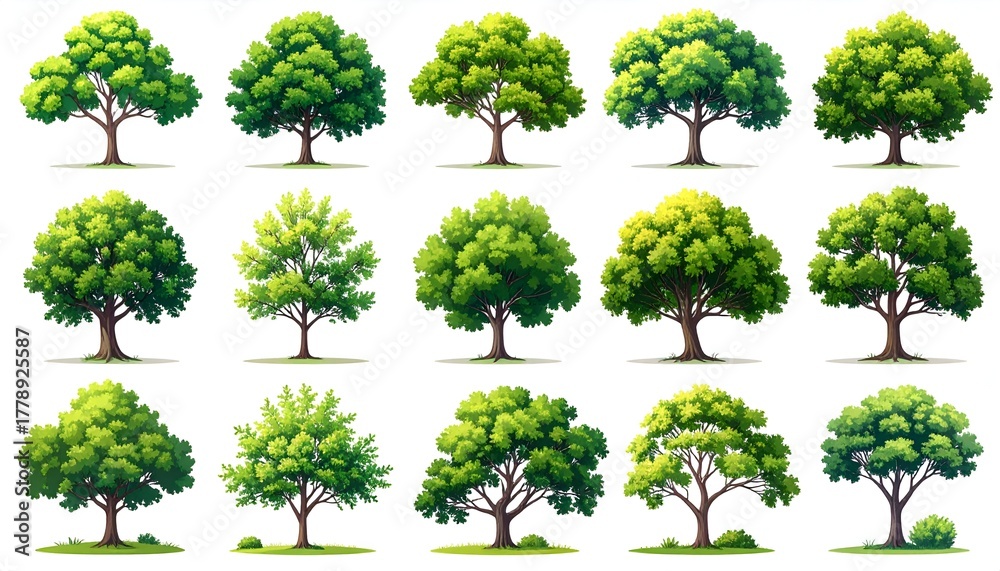 Fototapeta premium Collection of diverse tree illustrations showcasing various shapes, sizes, and foliage types in a natural setting
