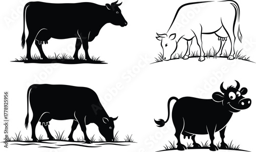 Cow silhouette vector illustration set showing grazing cattle and farm animals in different poses, perfect for agriculture and dairy design projects
