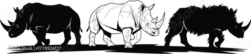 Rhinoceros silhouette vector illustration set showing wild rhino animals in geometric, realistic, and furry styles for wildlife design
