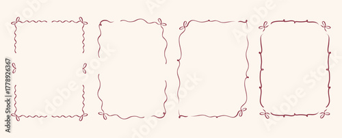 Trendy doodle hand drawn frames with wavy lines bows. Minimalist line art. Borders for wedding invitations, birthday card, menu, prints. Vector illustration.