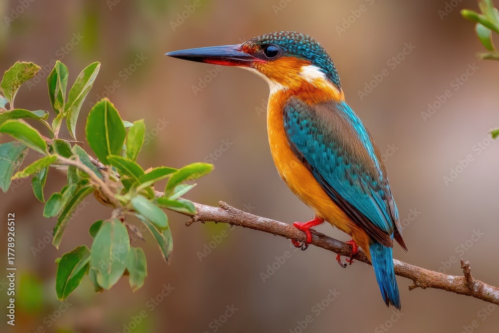 Fototapeta premium Colorful kingfisher perched on a branch in a national park showcasing vibrant feathers during a tranquil morning