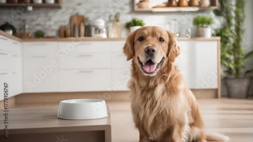Golden Retriever's Kitchen Moment: A golden retriever, sits patiently beside its food bowl in a bright kitchen setting, portraying domestic bliss and companionship.