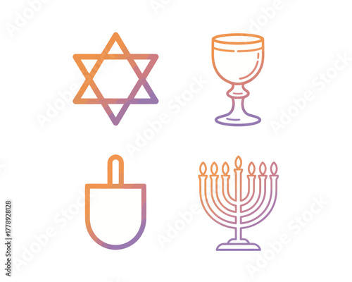 Depiction of hanukkah symbols including star of david menorah dreidel and kiddush cup