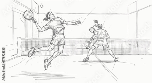 Dynamic Padel Players in Action, Illustrated with Energetic Lines