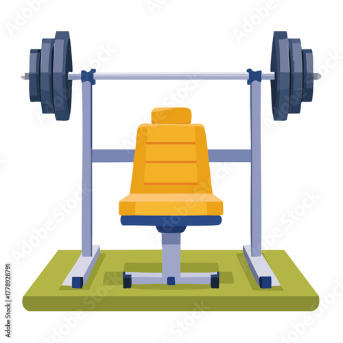 An illustration of a weight bench with a barbell, ready for strength training and exercise in a gym setting.