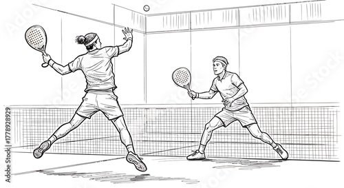 Dynamic Padel Players Engaged in Intense Rally, Illustrated Action Scene