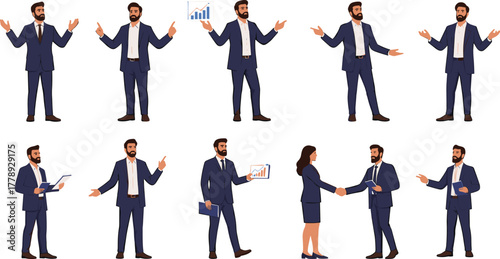 Cartoon businessman, office gesture, corporate action, business suit, presentation pose, handshake scene, document reading, chart analysis, teamwork, communication