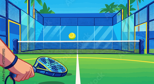 Padel Player Ready to Serve on a Bright Blue and Green Court