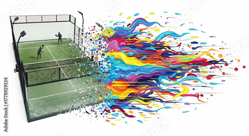 Dynamic Padel Court Illustration with Exploding Colorful Energy and Players