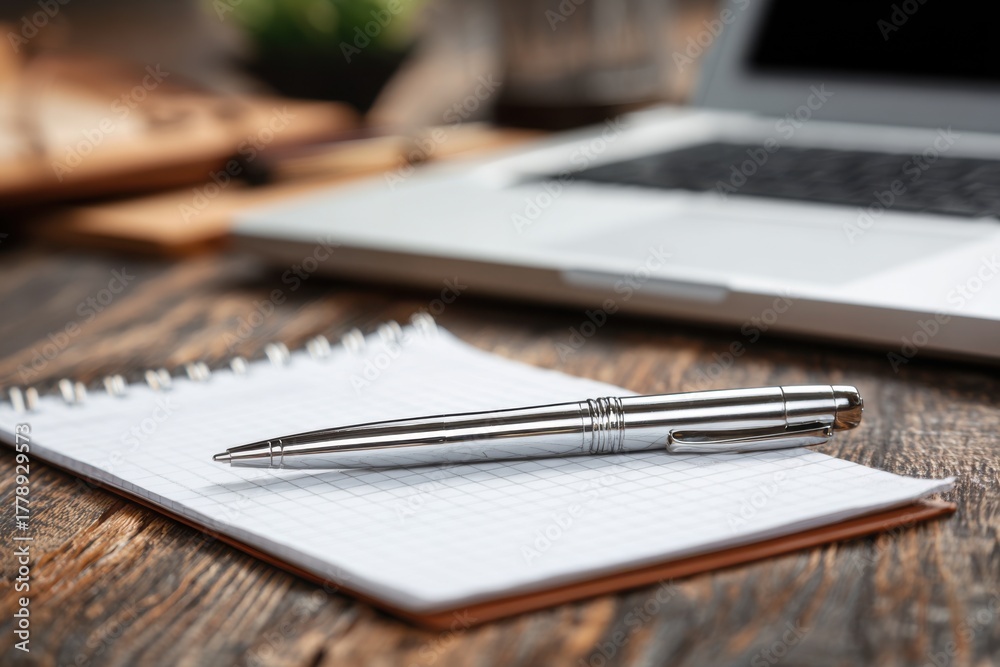 Fototapeta premium Business concepts illustrated with a pen on a notepad next to a white laptop on a wooden table in a cozy workspace during daytime hours