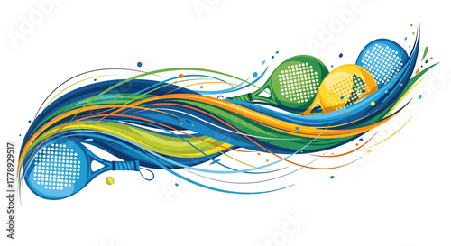 Colorful Padel Rackets and Ball with Dynamic Abstract Swirls