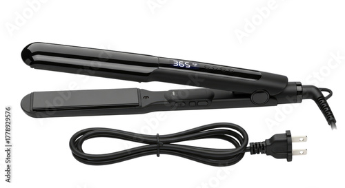 Black Digital Hair Straightening Iron with Cord Isolated PNG Cutout Transparent