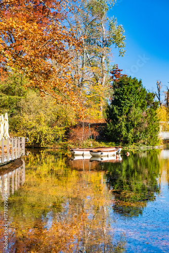 Boats on lake in Maksimir park in autumn ih Zagreb, capital of Croatia