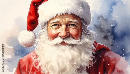 Portrait of Santa Claus in the snow. Christmas card. Watercolor illustration