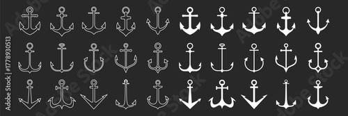 white Anchor Icon Set — Minimal Nautical Vector Collection in solid and outline