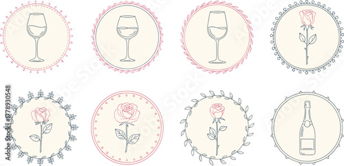 Minimal wine glass art, rose illustration, champagne bottle vector, circular frame design, romantic drinkware, elegant line drawing, celebration icon