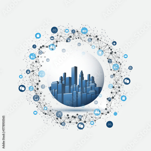 Futuristic Smart City, IoT and Cloud Computing Design Concept with Icons, Polygonal Mesh, Cluster and Nodes and Tall Buildings Inside a Glass Globe - Digital Network Connections, Technology Background