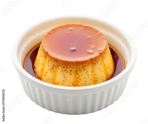 Crème Caramel or Crème Flan Custard Dessert in Ramekin Bowl Isolated PNG Cutout Transparent