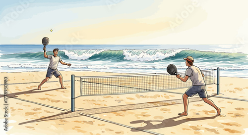 Beach Paddleball Players in Action with Ocean Waves and Sunlight.