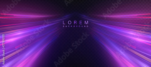 Abstract glowing background with violet and magenta light streaks forming a dynamic tunnel effect on dark space.